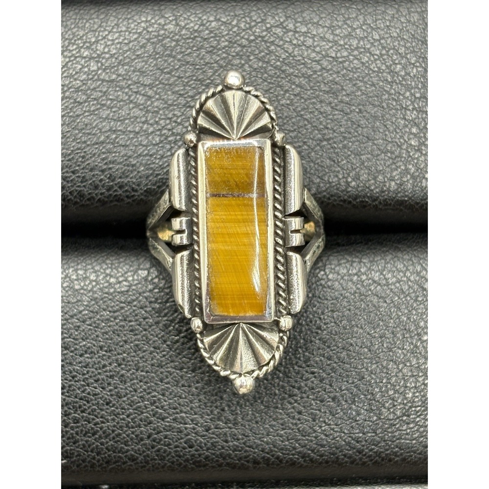 New Condition Sterling Silver Art Deco Tigers Eye Ring Size 6.75 F9